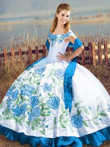 Floor Length Lace Up Ball Gown Prom Dress Blue And White for Sweet 16 and Quinceanera with Embroidery