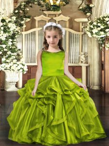 Super Olive Green Lace Up Scoop Ruffles Little Girls Pageant Dress Organza Sleeveless