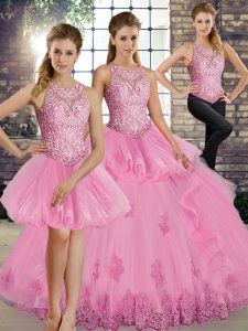 Simple Rose Pink Lace Up Scoop Lace and Embroidery and Ruffles Quinceanera Gown Tulle Sleeveless