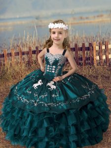 Sleeveless Organza Floor Length Lace Up Kids Formal Wear in Green with Embroidery and Ruffled Layers