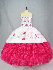 Hot Pink Sleeveless Embroidery and Ruffled Layers 15 Quinceanera Dress
