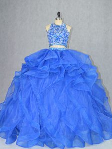 Custom Made Sleeveless Court Train Beading and Ruffles Backless Quinceanera Gown
