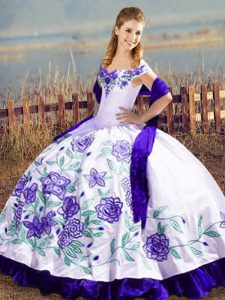 White And Purple Off The Shoulder Neckline Embroidery and Ruffles Quinceanera Dresses Sleeveless Lace Up