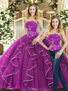 Ideal Strapless Sleeveless Tulle Quinceanera Dresses Beading and Ruffles Lace Up