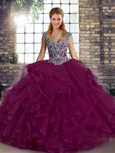 Custom Designed Ball Gowns Vestidos de Quinceanera Fuchsia Straps Tulle Sleeveless Floor Length Lace Up