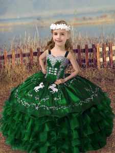 Hot Sale Floor Length Lace Up Kids Pageant Dress Green for Wedding Party with Embroidery and Ruffled Layers