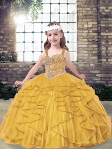 Custom Design Gold Lace Up Kids Pageant Dress Beading and Ruffles Sleeveless Floor Length