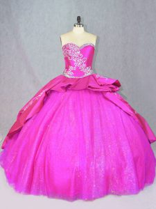 Lace Up Custom Made Hot Pink for Sweet 16 and Quinceanera with Beading and Embroidery Court Train