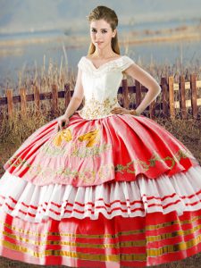 High End White And Red Quinceanera Dress Sweet 16 and Quinceanera with Embroidery and Ruffled Layers V-neck Sleeveless Lace Up