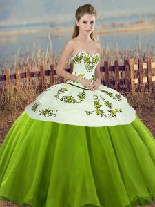 High End Tulle Sweetheart Sleeveless Lace Up Embroidery and Bowknot Quinceanera Dresses in Olive Green