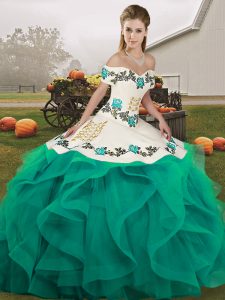 Noble Turquoise Sleeveless Embroidery and Ruffles Floor Length Quinceanera Gown