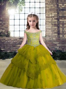 Sleeveless Floor Length Beading and Appliques Lace Up Little Girls Pageant Gowns with Olive Green