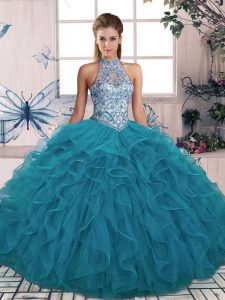 Most Popular Ball Gowns Quince Ball Gowns Teal Halter Top Tulle Sleeveless Floor Length Lace Up