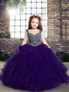 Most Popular Tulle Straps Sleeveless Lace Up Beading and Ruffles Little Girls Pageant Gowns in Purple