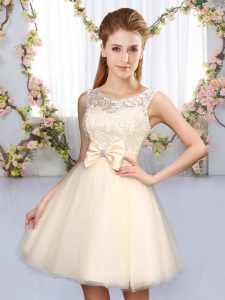 Beauteous Tulle Scoop Sleeveless Lace Up Lace and Bowknot Damas Dress in Champagne