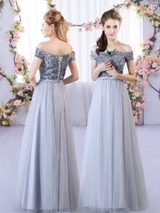 Grey Empire Tulle Off The Shoulder Sleeveless Appliques Floor Length Lace Up Court Dresses for Sweet 16
