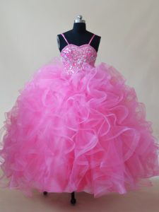 Rose Pink Ball Gowns Spaghetti Straps Sleeveless Tulle Floor Length Lace Up Beading and Ruffles Little Girls Pageant Gowns