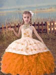 Orange Red Halter Top Neckline Beading and Embroidery and Ruffles Child Pageant Dress Sleeveless Lace Up