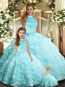 Fashion Floor Length Backless Vestidos de Quinceanera Aqua Blue for Sweet 16 and Quinceanera with Beading and Ruffled Layers