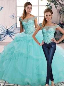 Adorable Floor Length Lace Up Quince Ball Gowns Aqua Blue for Military Ball and Sweet 16 and Quinceanera with Beading and Ruffles