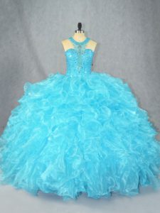 Baby Blue Ball Gowns Organza Scoop Sleeveless Beading and Ruffles Floor Length Zipper Party Dress for Toddlers