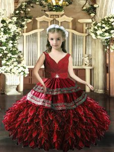 Red Pageant Dress for Girls Party and Wedding Party with Beading and Appliques and Ruffles V-neck Sleeveless Backless