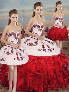 Fine White And Red Organza Lace Up Quinceanera Dresses Sleeveless Floor Length Embroidery and Ruffles and Bowknot