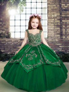 Gorgeous Ball Gowns Little Girls Pageant Dress Wholesale Dark Green Straps Tulle Sleeveless Floor Length Lace Up
