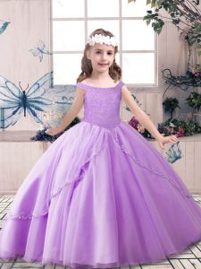 Lavender Ball Gowns Beading Pageant Gowns Lace Up Tulle Sleeveless Floor Length