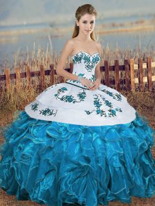Eye-catching Sleeveless Floor Length Embroidery and Ruffles and Bowknot Lace Up Quinceanera Gown with Blue And White