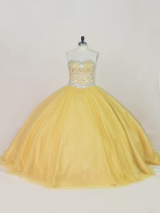 Vintage Gold Lace Up Sweetheart Beading Sweet 16 Quinceanera Dress Tulle Sleeveless
