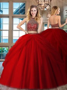 Fashion Red Sleeveless Floor Length Beading Backless Quinceanera Gown