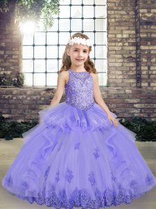 Lavender Ball Gowns Tulle Scoop Sleeveless Beading and Appliques Floor Length Lace Up Girls Pageant Dresses