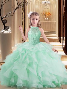 Latest Apple Green High-neck Neckline Beading and Ruffles Kids Pageant Dress Sleeveless Lace Up