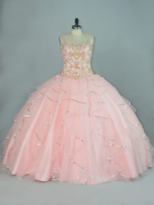 Peach Lace Up Straps Beading and Ruffles Sweet 16 Quinceanera Dress Tulle Sleeveless