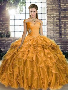 On Sale Sleeveless Organza Brush Train Lace Up 15 Quinceanera Dress in Gold with Beading and Ruffles