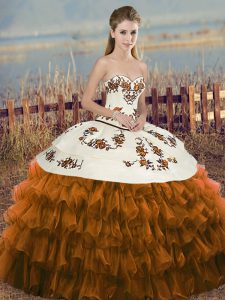 Brown Organza Lace Up Sweetheart Sleeveless Floor Length Quinceanera Gowns Embroidery and Ruffled Layers and Bowknot