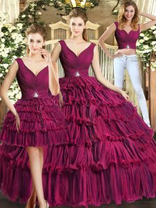 Vintage V-neck Sleeveless Quinceanera Gown Floor Length Ruffled Layers Burgundy Organza