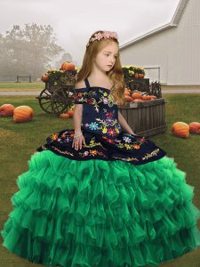 Straps Sleeveless Lace Up Pageant Dress for Girls Green Organza