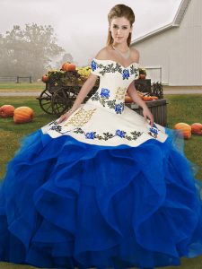 Royal Blue Sleeveless Embroidery and Ruffles Floor Length 15th Birthday Dress