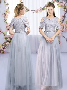 Custom Design Grey Sleeveless Lace and Belt Floor Length Court Dresses for Sweet 16