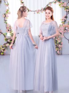 Grey Scoop Side Zipper Lace and Belt Dama Dress for Quinceanera Short Sleeves