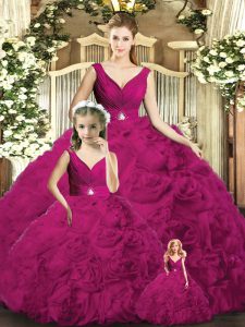 Fuchsia Ball Gowns Fabric With Rolling Flowers V-neck Sleeveless Beading Floor Length Backless Quinceanera Dresses