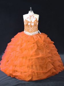 Orange Ball Gown Prom Dress Sweet 16 and Quinceanera with Pick Ups Halter Top Sleeveless Backless