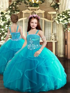 Custom Fit Straps Sleeveless Little Girls Pageant Dress Wholesale Floor Length Beading and Ruffles Baby Blue Tulle