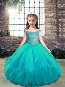 Aqua Blue Off The Shoulder Lace Up Beading Pageant Gowns Sleeveless
