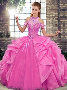 Glorious Rose Pink Halter Top Lace Up Beading and Ruffles Quinceanera Gowns Sleeveless