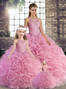 Flirting Floor Length Lace Up Quince Ball Gowns Rose Pink for Military Ball and Sweet 16 and Quinceanera with Beading