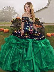 Sweet Sleeveless Floor Length Embroidery and Ruffles Lace Up Quinceanera Gowns with Green
