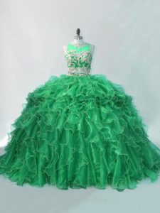 Colorful Sleeveless Beading and Ruffles Quinceanera Gown with Green Brush Train